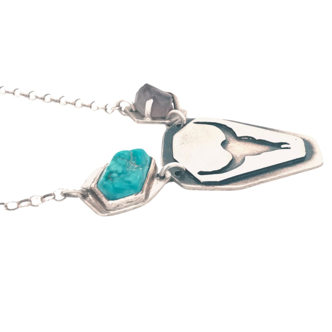 Longhorn Silhouette Necklace with Natural Amethyst and American Turquoise #288