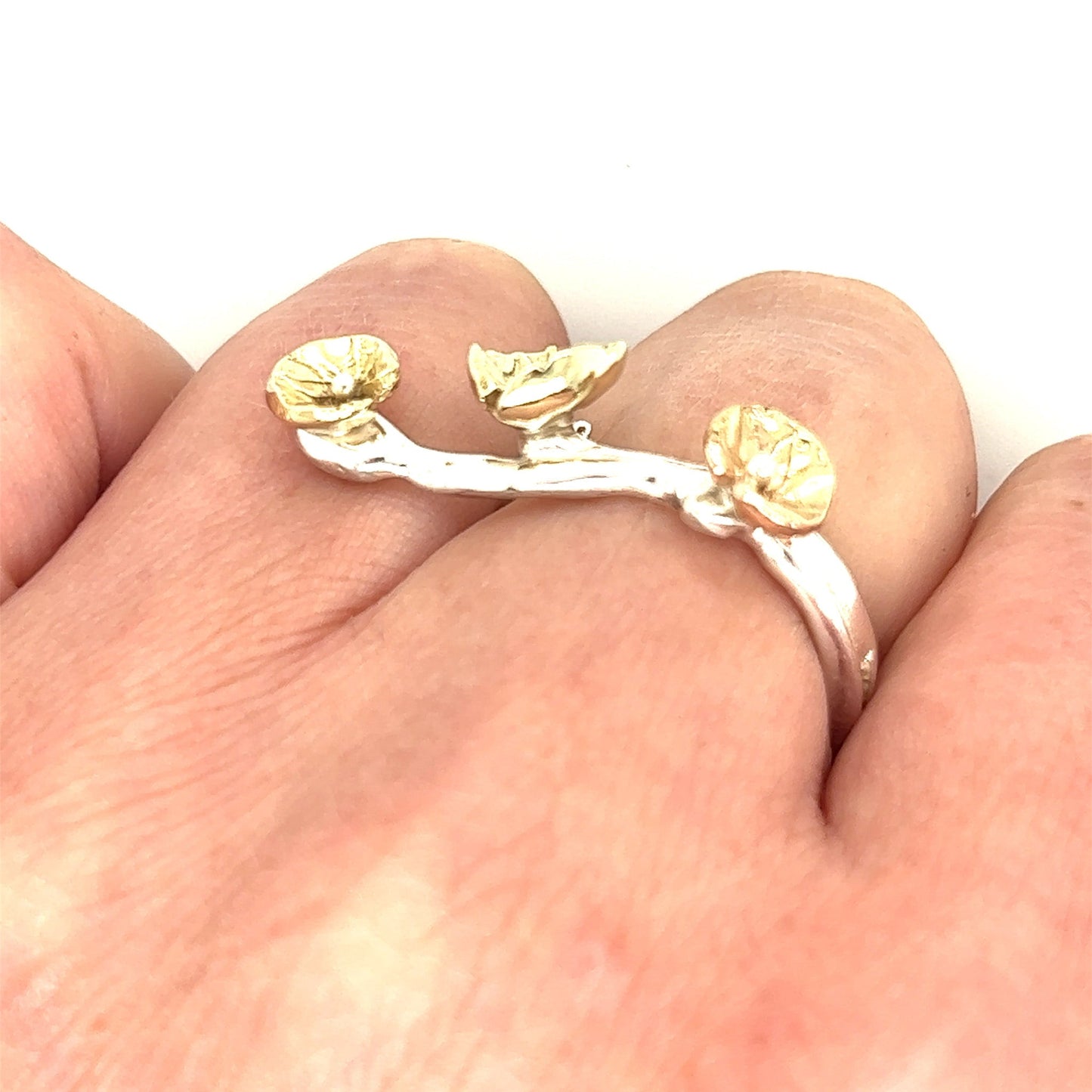 Small Poppy 2 Finger Adjustable Ring Gold and Sterling #244
