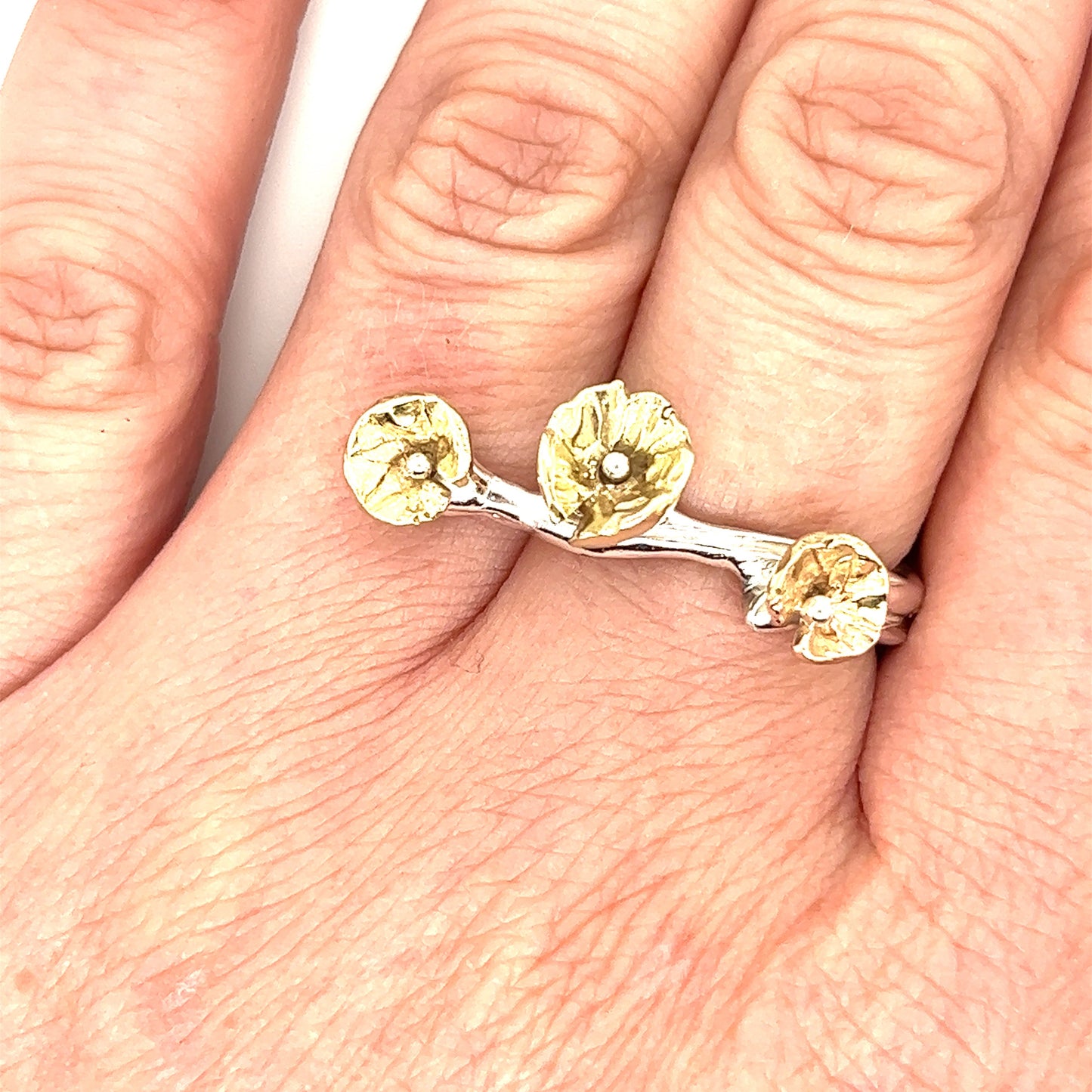 Small Poppy 2 Finger Adjustable Ring Gold and Sterling #244