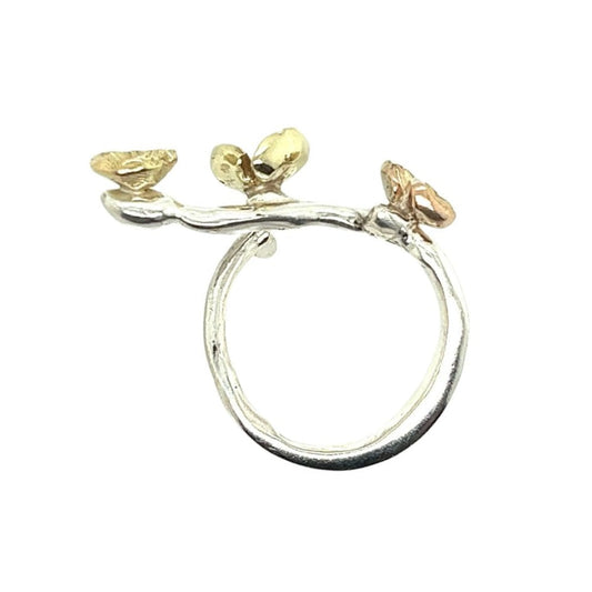 Small Poppy 2 Finger Adjustable Ring Gold and Sterling #244