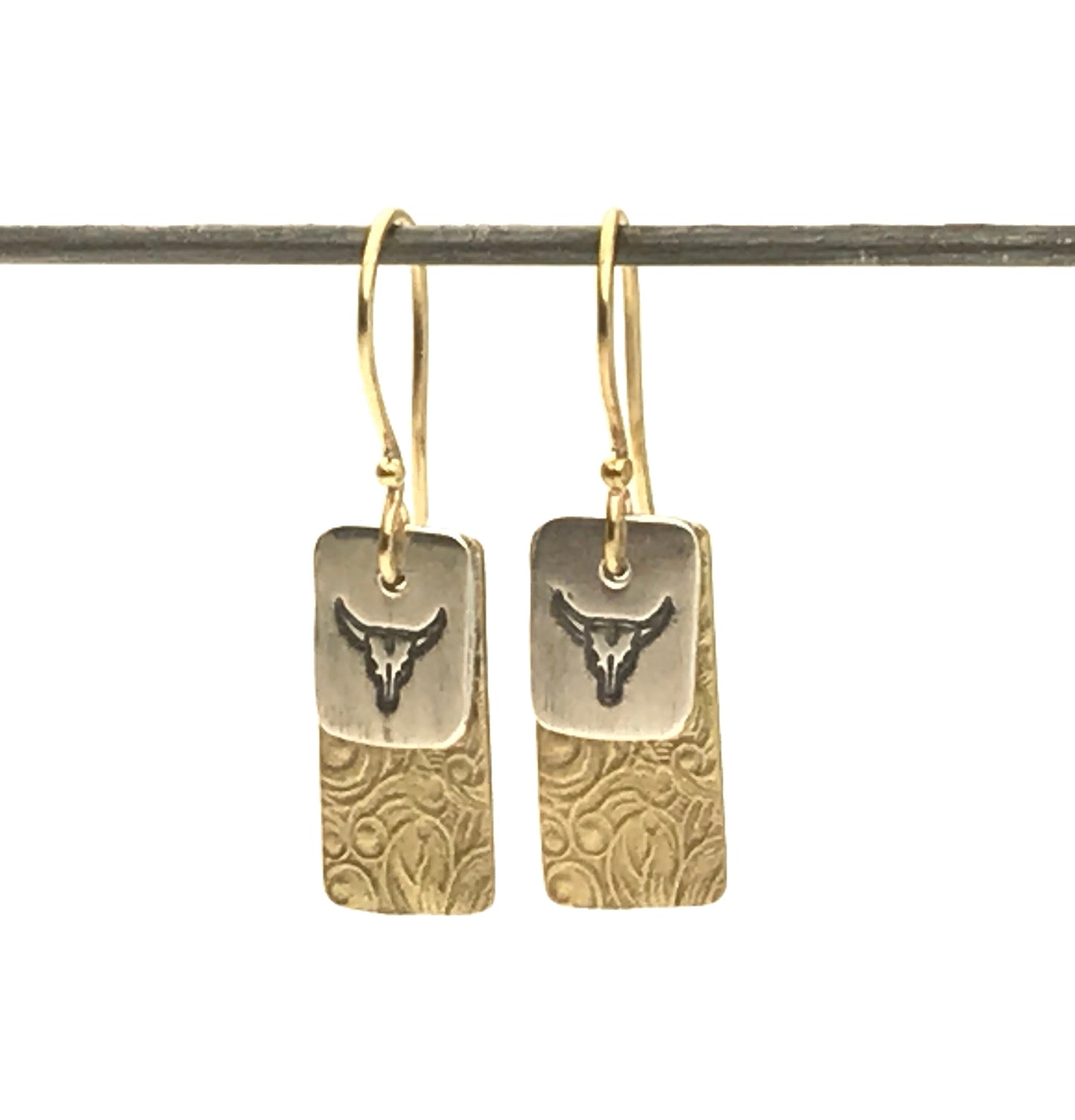 Double Charm Longhorn Stamp and Art Nouveau Background Earrings #287