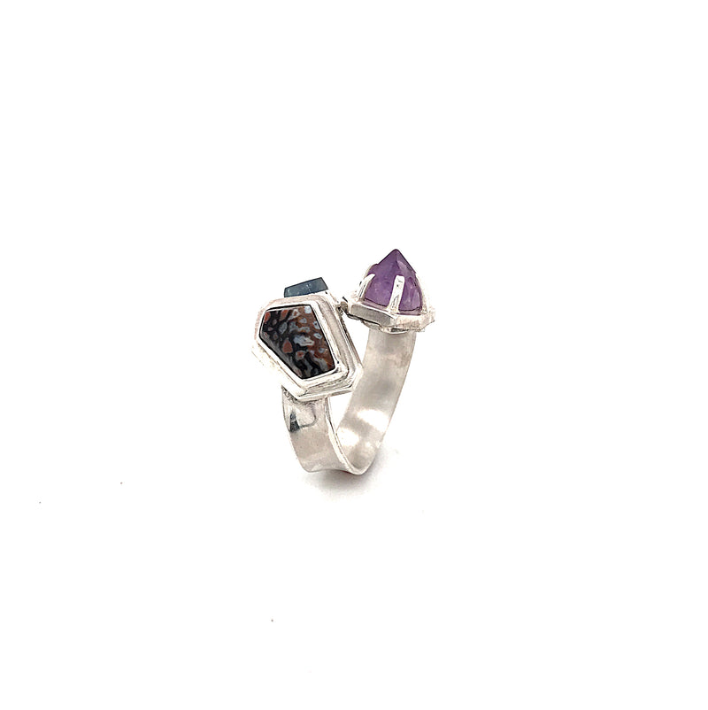 Dino Bone, Purple Amethyst and Blue Sapphire Ring