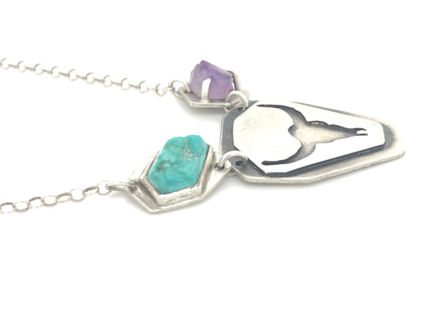 Tough! Longhorn Pendant with Turquoise & Amethyst Necklace