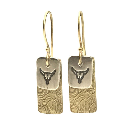 Double Charm Longhorn Stamp and Art Nouveau Background Earrings #287